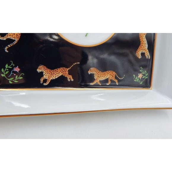 Lynn Chase JAGUAR JUNGLE Square Serving Bowl 9 Inch 24K Gold 1988 Japan Orchid - Picture 11 of 13